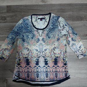 Quarter Sleeve Paisley Blue and Pink Womens Top with Bedazzled Gems